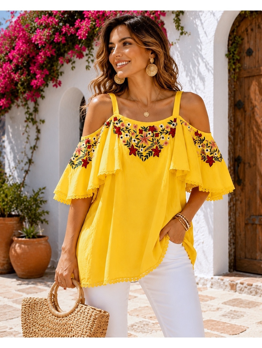 TUNIQUE NWT Yellow Embroidered Cold Shoulder Rayon Tunic Top Size L